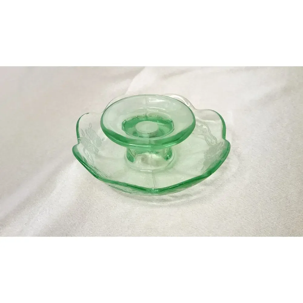 Vintage Paden City Peacock Wild Rose Green Glass Mushroom Candlestick READ